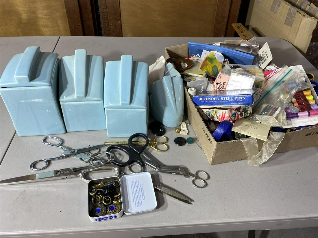 Large lot of sewing items, better buttons, old scissors: Plus canister set (with chips and cracks). Shipping not available, you must pickup during the pickup window or forfeit your purchase!