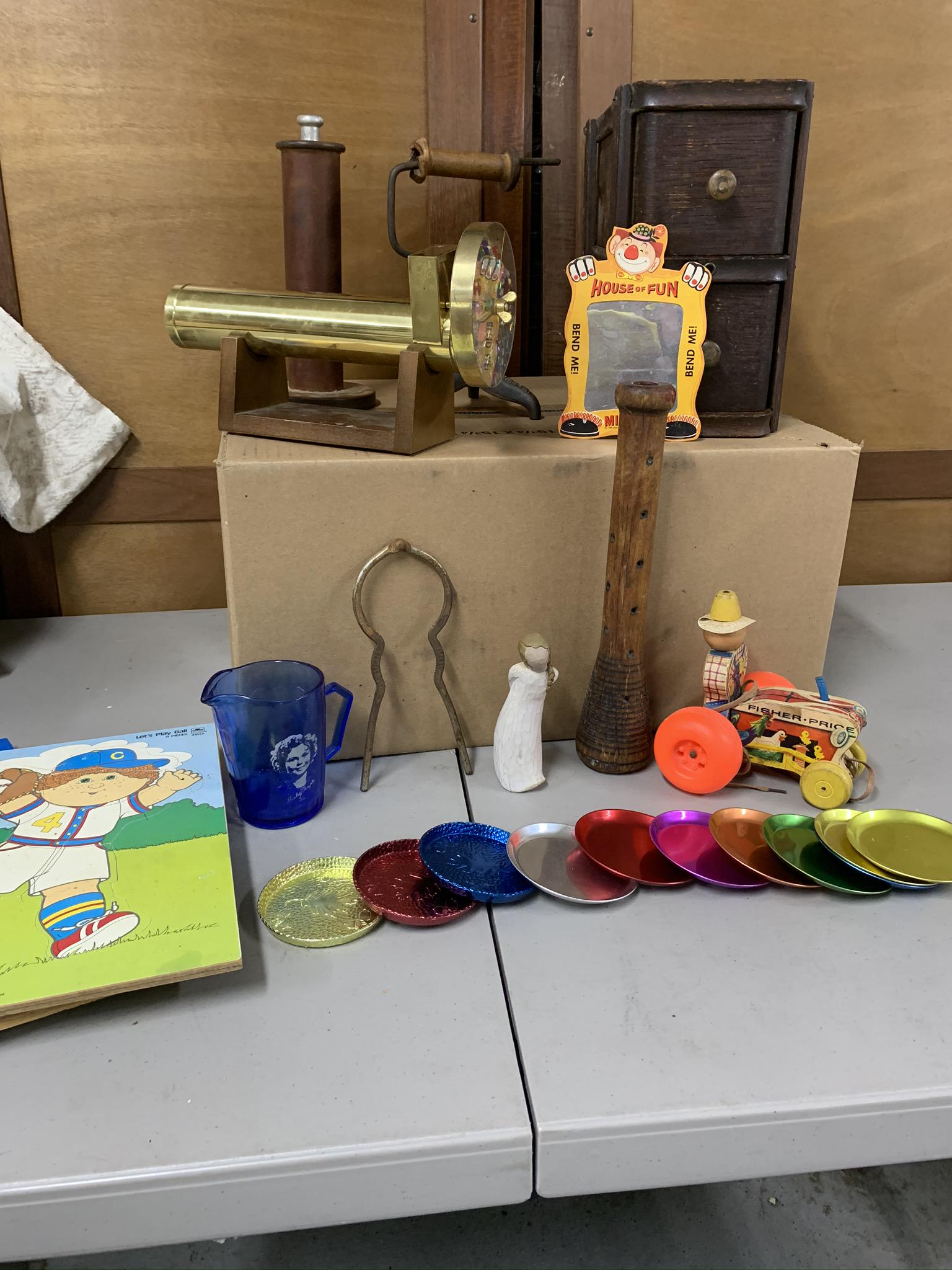 Aluminum Coasters, Vintage Toys and Decor: Crike Crake donkey cart by Echo made in Hong Kong, Fisher Price Turtle Tiny Teddy copter, and E-Z Tracer by K-tel Shipping not available you must pickup during the pickup window or forfeit your purcha