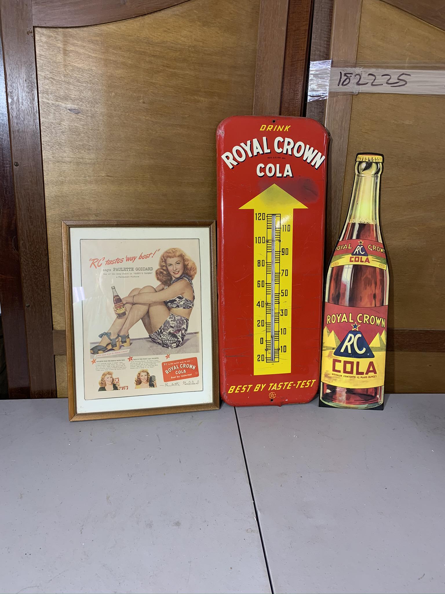 Vintage Royal Crown Cola Advertisement Items: Thermometer 25"L x 10"W, Paper cut out does have small tear on side (see pictures) cut out is 23 1/2" T x 6"W Free pickup or well drop off at shipper for $3 delivery fee