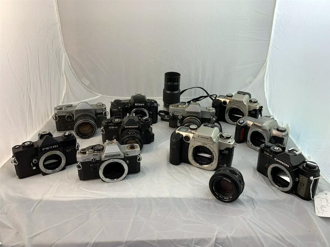 10 Vintage Cameras, 2 Lenses: 2 Nikon Av6006 & N65, 2 Chinon CE-4, 2 Petri SLR 35 & FT-EE, 1 Singlex TLS, 2 Canon EOS Elan IIe, Olympus OM-10, 1 Petri lens Minolta lens Free pickup or well drop off at shipper for $3 delivery fee..