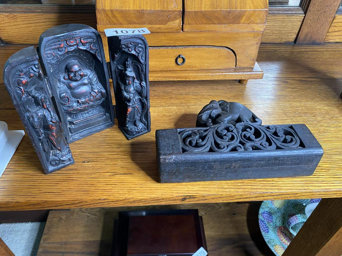 Folding Buddhist miniature shrine: Plus pierce work box containing an Indian made balance scale. Shrine is 6.5" high and scale box is 8.5" across. Free pickup or we'll drop at the shipper for a $3 fee.