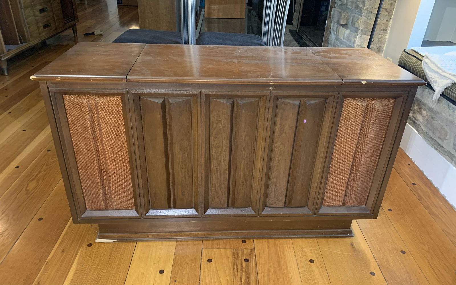 Zenith Mid-century Console Stereo with 8-Track Player: 47 inches Wide x 17 1/2 inches Deep x 27 inches High. Our shipping is not available on this item. You may send a shipper to pickup, or you or your representative must pickup at the home on Sunday May