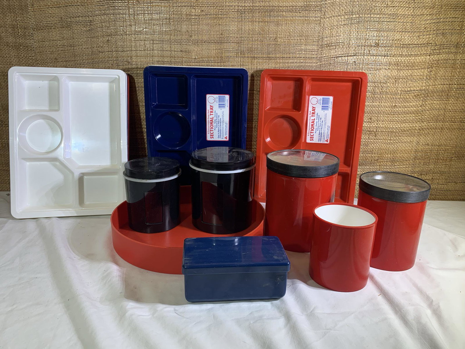 Mid Century Modern Kartell Containers, Copco, &: Mid Century Modern Kartell Containers, Copco, & Sectional Trays. The one black Copco container does have a crack. See Photos. Free pickup or we will drop at the shipper for a $3 fee.