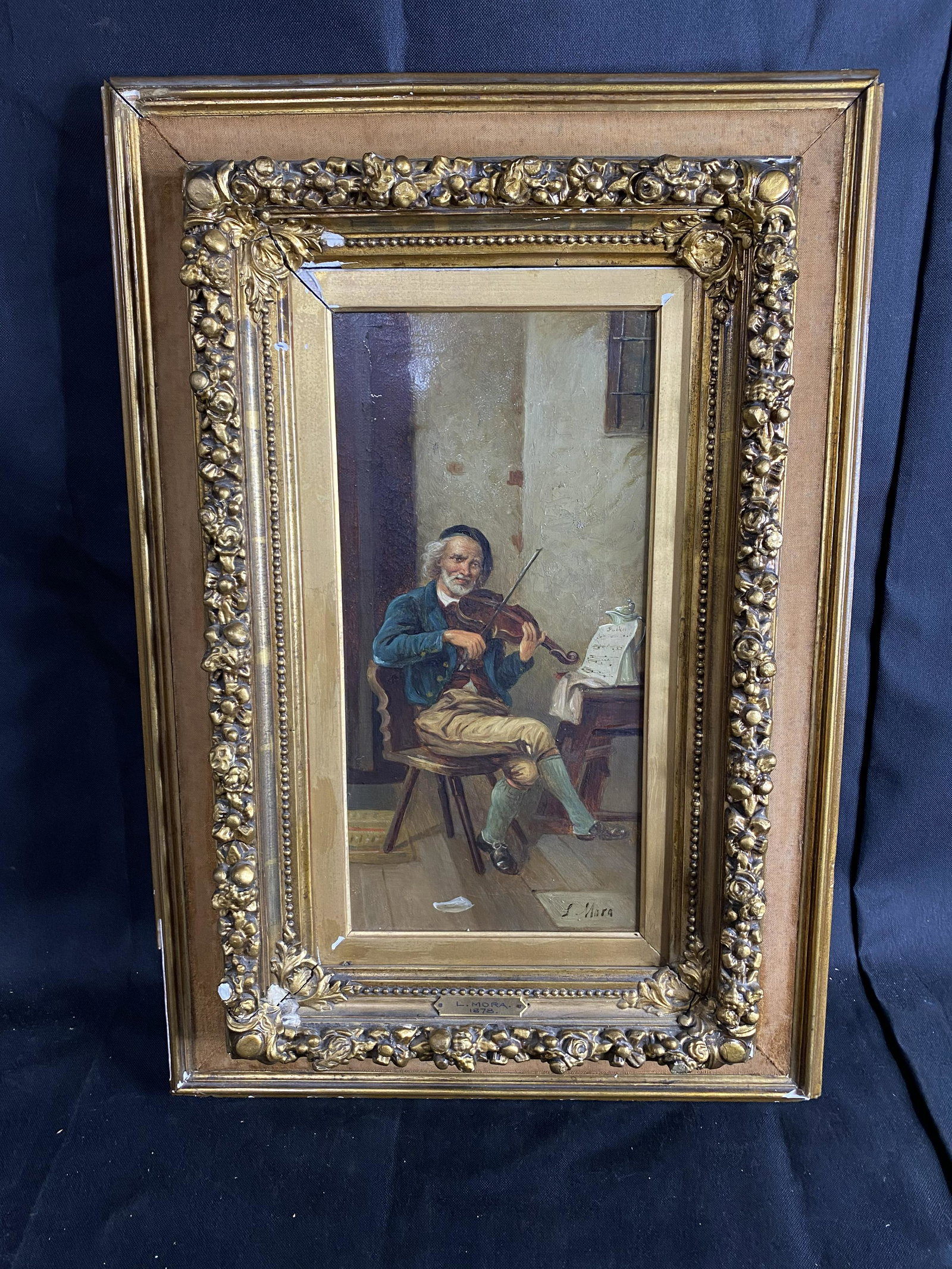 Antique Oil on Canvas Painting of a Violin Player.: Antique Oil on Canvas Painting of a Violin Player. Signed by L. Mora, 1878. 27" x 18" framed size. Free pickup or we'll drop at our shipper for a $3 fee