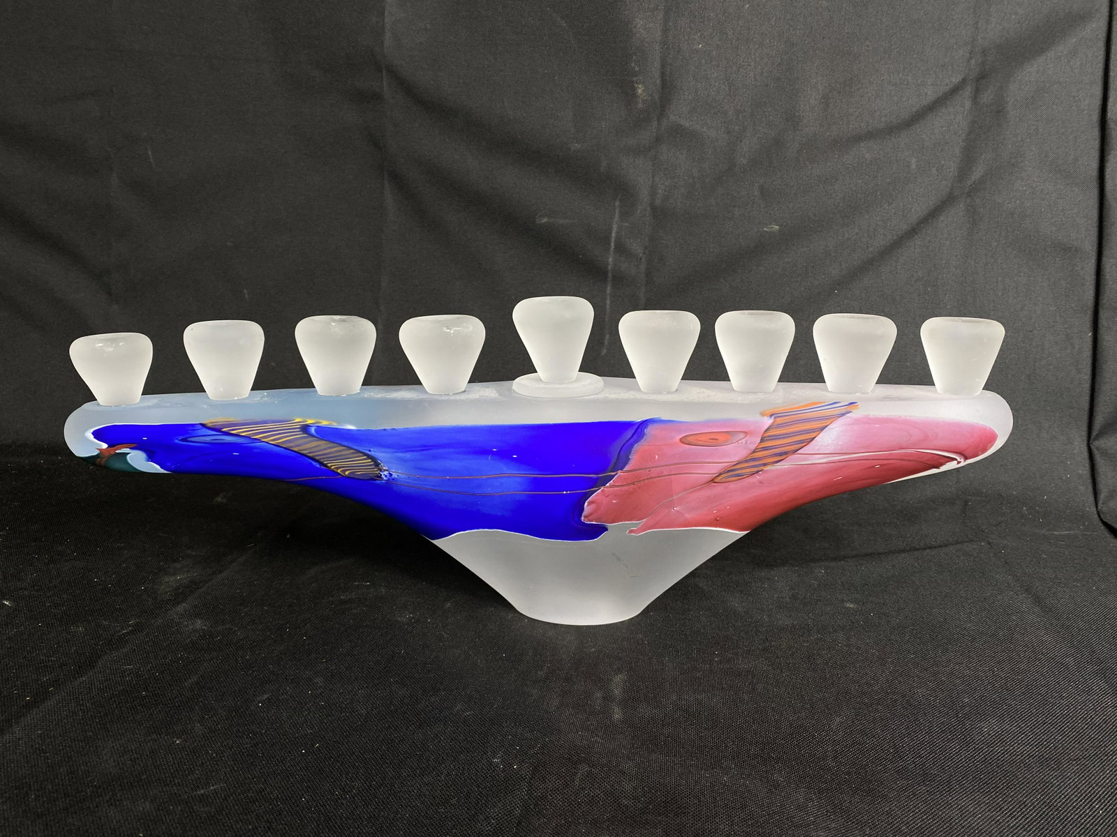 Vintage Signed Art Glass Menorah.: Vintage Signed Art Glass Menorah. 18.5" long x 7" high. Free pickup or we'll drop at our shipper for a $3 fee
