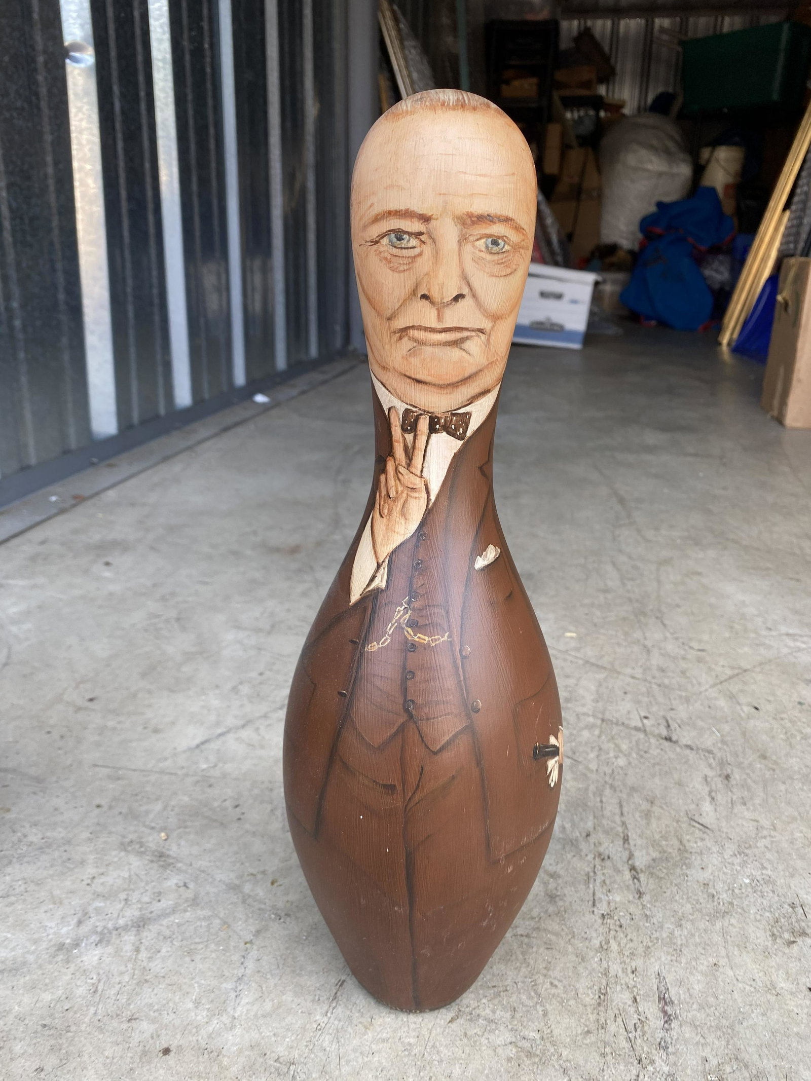 Hand Painted Portrait Winston Churchill Bowling Pin.: Hand Painted Portrait Winston Churchill Bowling Pin. By Pin Pals. 15" high. Free pickup or we'll drop at our shipper for a $3 fee