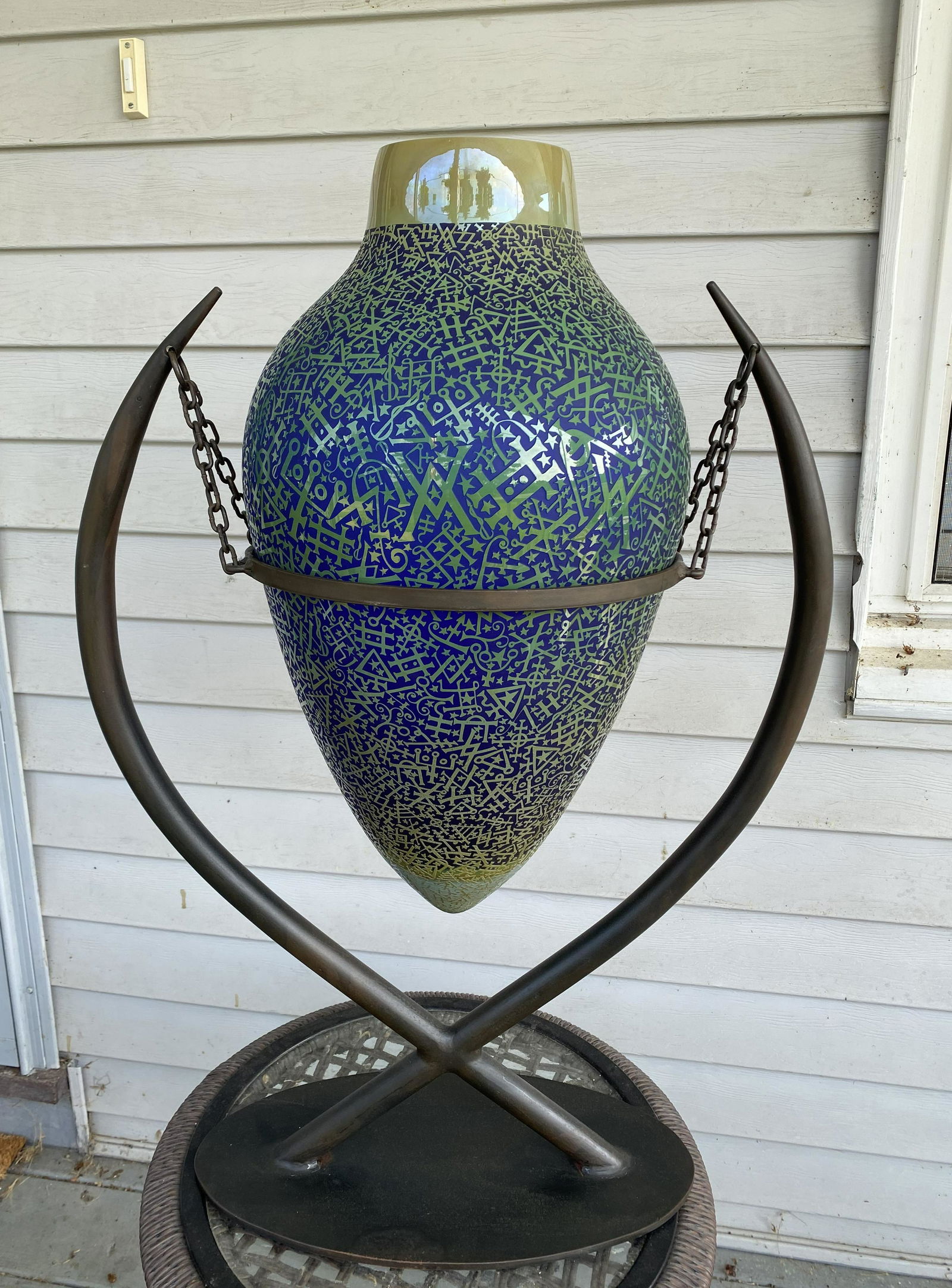 Large Etched Glass Vase on Metal Stand by Duncan: Large Etched Glass Vase on Metal Stand by Duncan McClellan. Title is Alchemist's Dream. Total height on stand is 29" to top of vase. Vase itself is 20.5" high. With Signed Appraisal from Thomas J. Haw