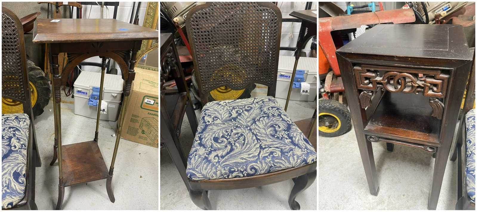 3 Pieces of antique furniture.: 3 Pieces of antique furniture. Chinese stand, chair and plant stand. Shipping not available, you must pickup during the pickup window of Noon to 4 pm.