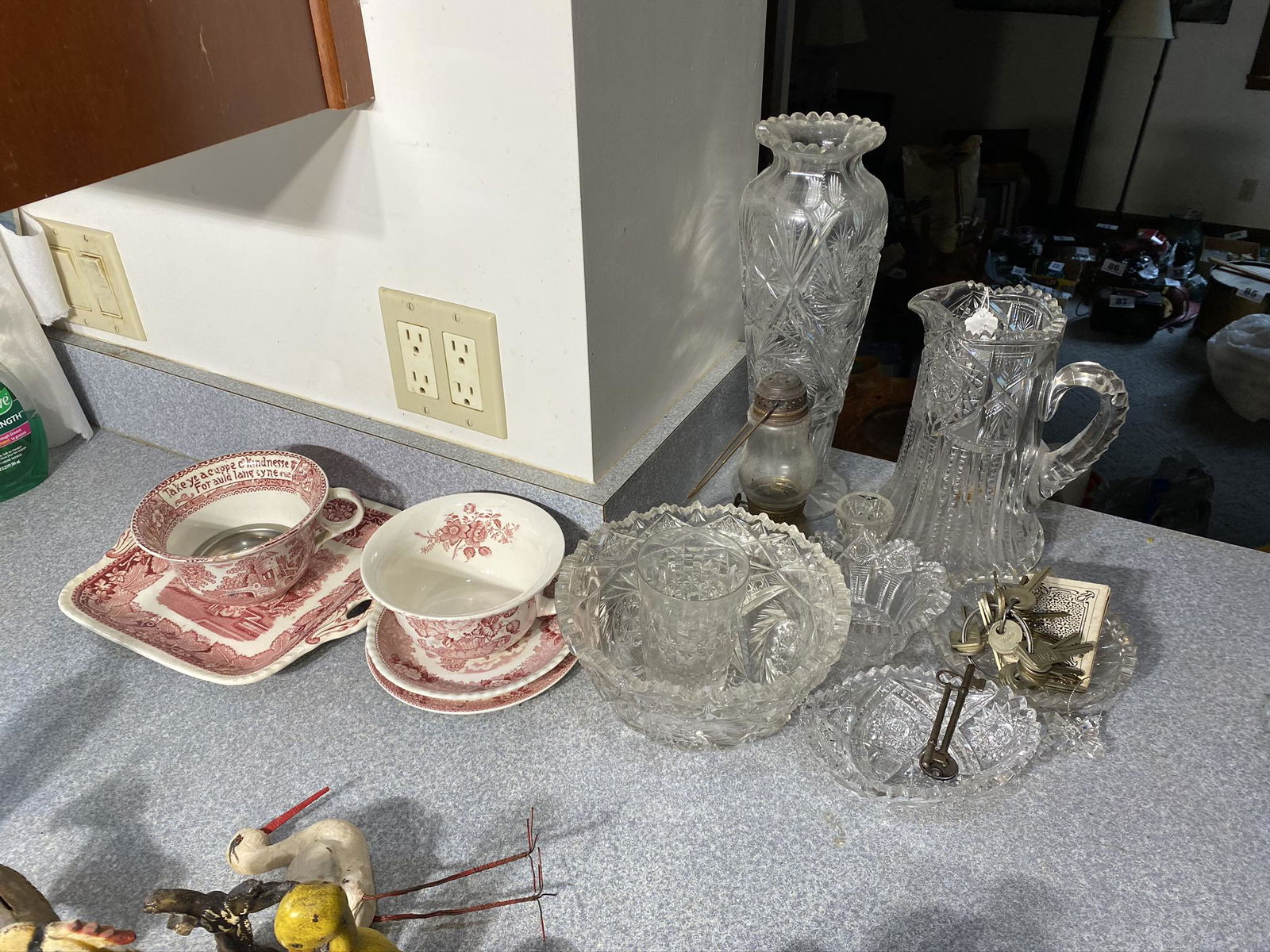 Group lot of cut glass, red transferware, skeleton keys (1 of 9)