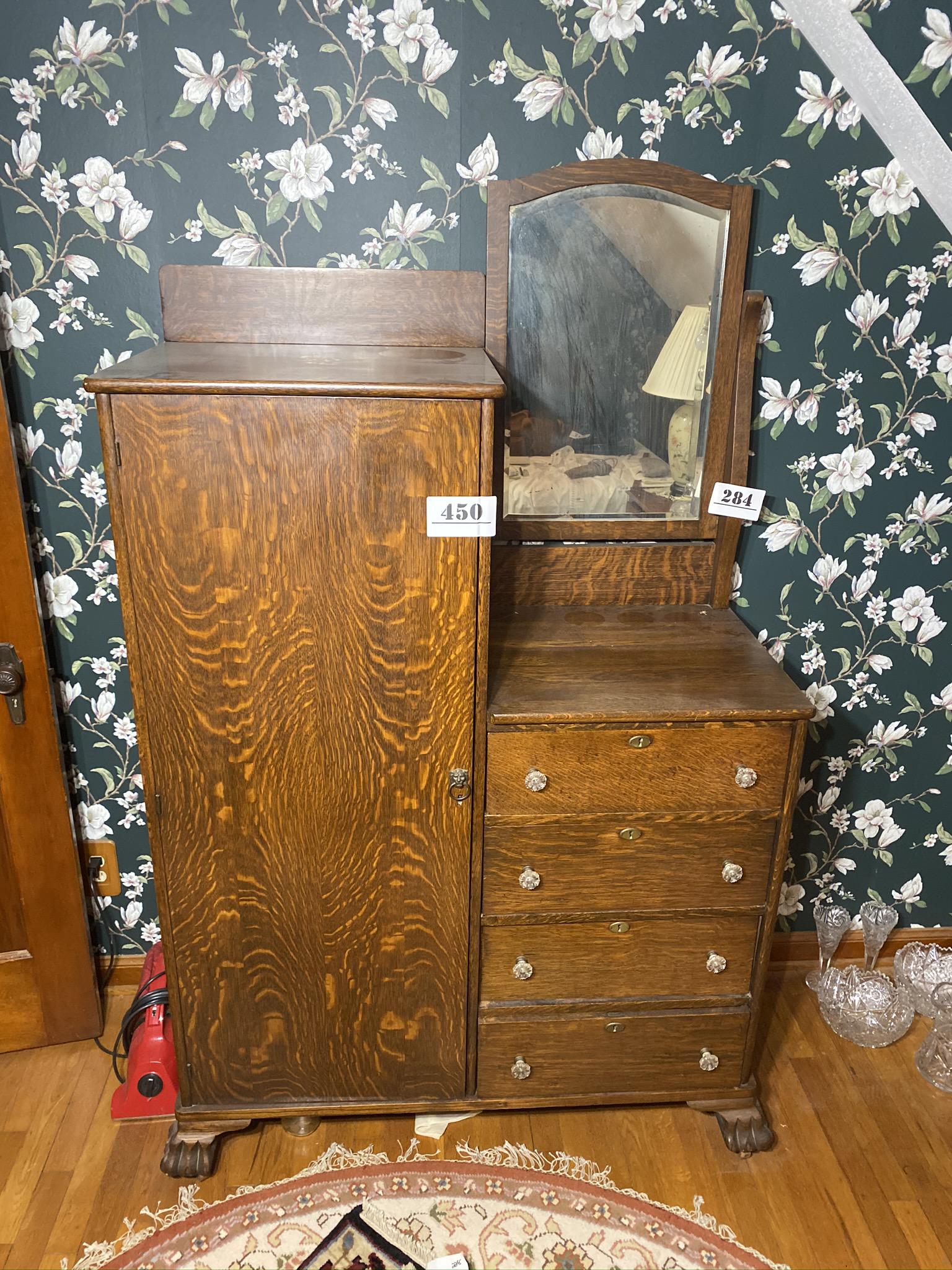 Nice Antique Oak Bureau with Mirror and Drawers: 5' high x 3.5' wide. Includes contents such as the clock radio. Our standard shipping is not available. You, your representative or a shipper must pick this lot up on Oct. 27 between 10 am and 6 pm or