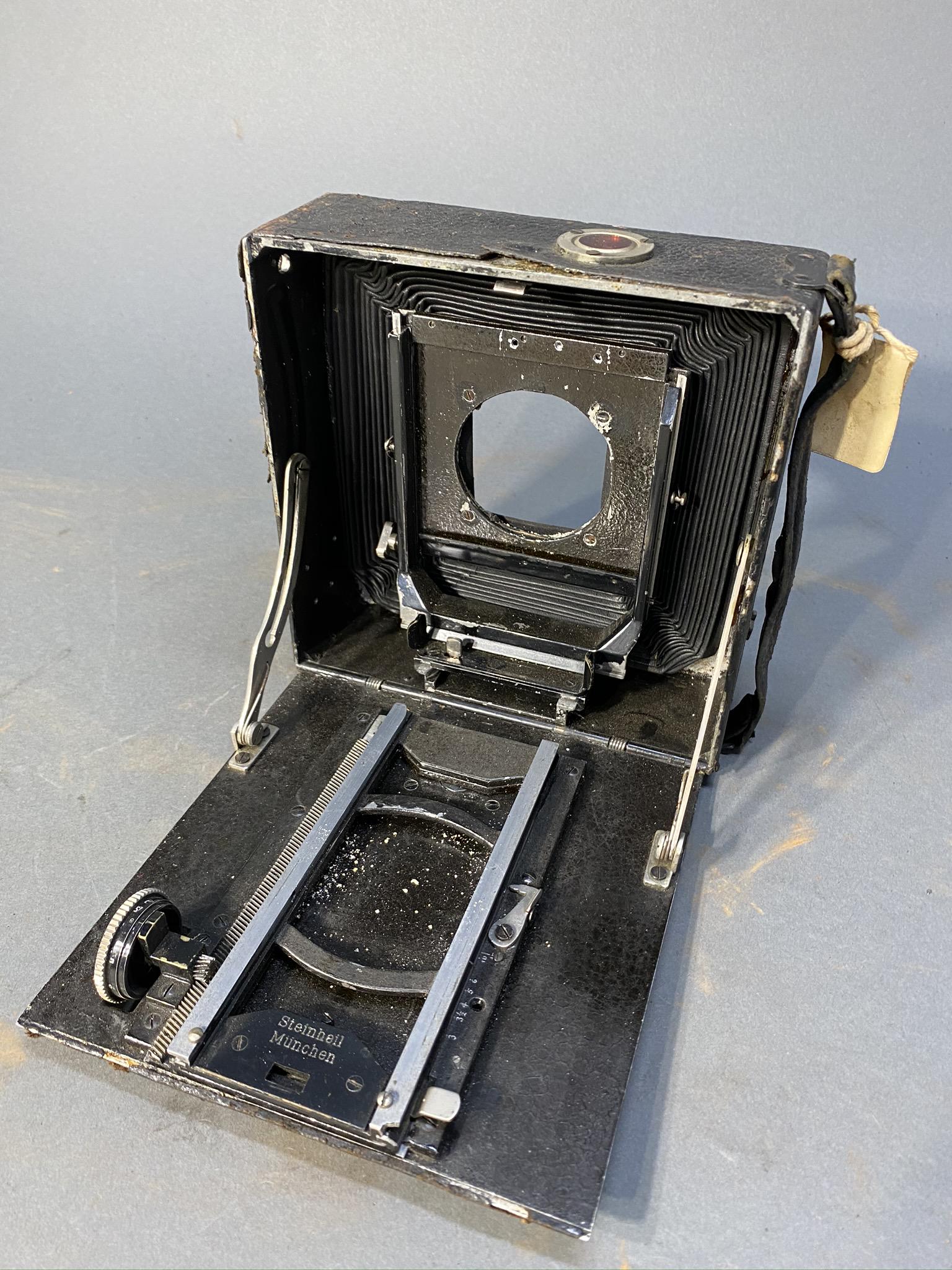 Steinheil Munchen Camera No Lens or Back 4x5: Steinheil Munchen Camera No Lens or Back 4x5. 8" long when extended. Free pickup or we'll drop at our shipper for a $3 drop off fee.