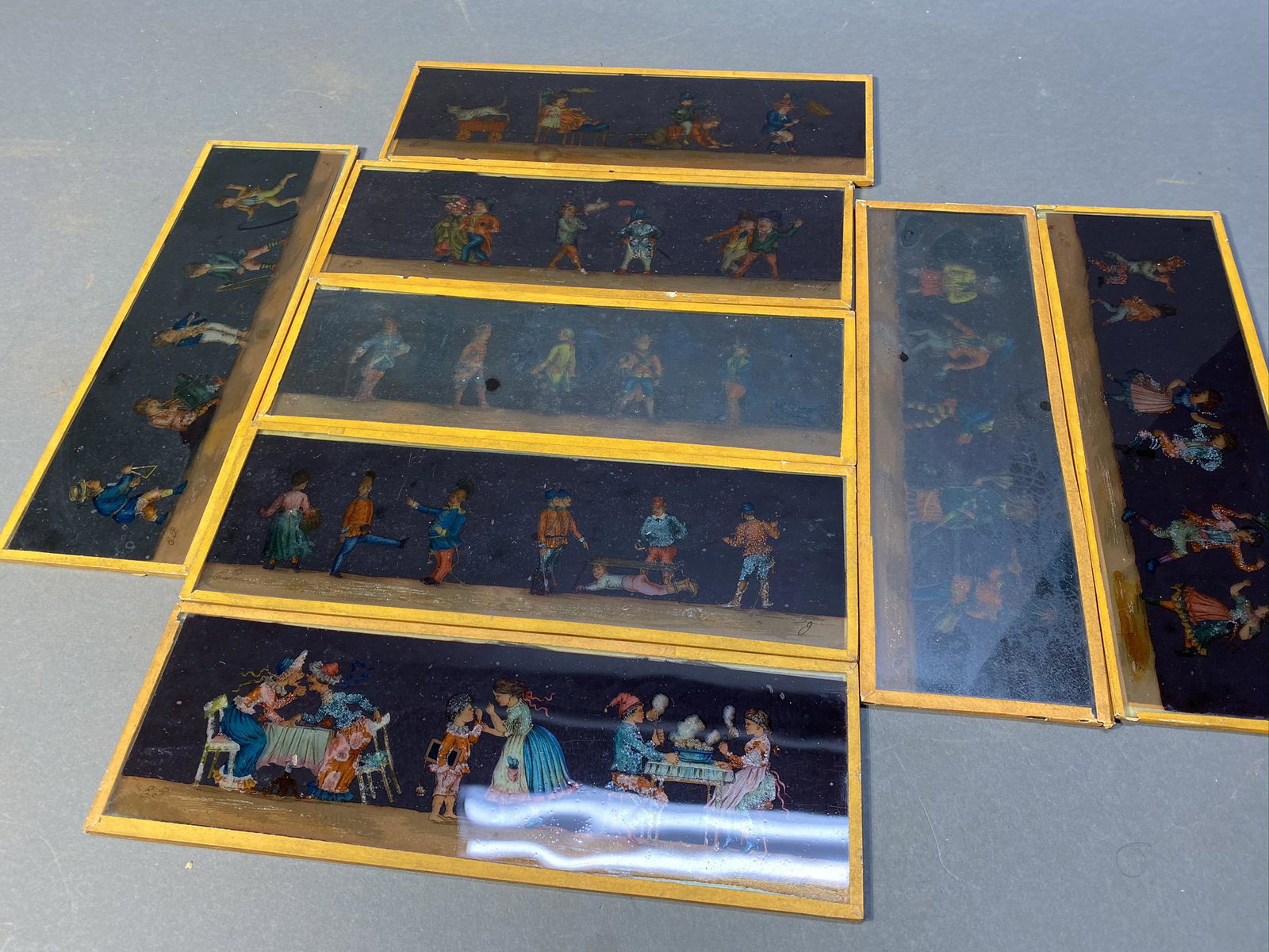 Group Lot of 8 European glass Magic Lantern Slides: Group Lot of 8 European glass Magic Lantern Slides. 9.5" long x 3" Free pickup or we'll drop at our shipper for a $3 drop off fee.