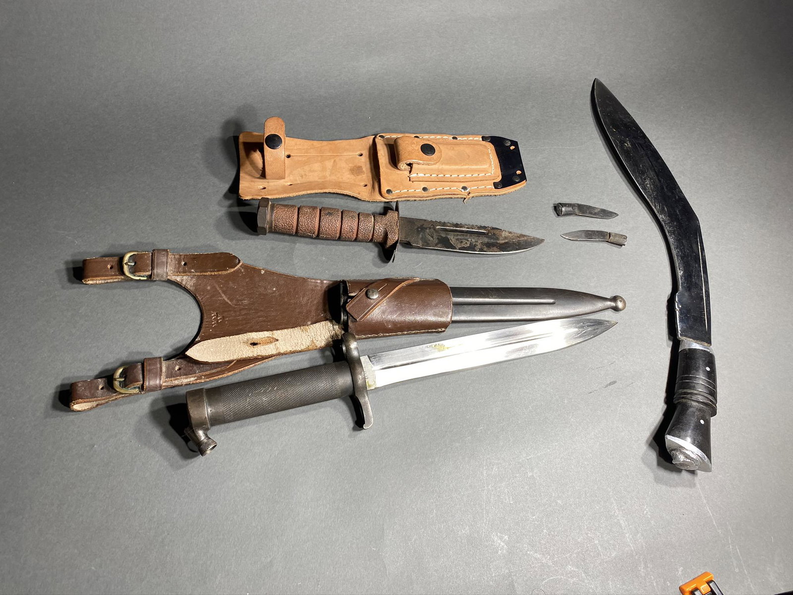 Kukri knives, bayonets lot.: Kukri knives, bayonets lot. Kukri with baby kukris (no scabbard). Swedish Mauser bayonet in scabbard with frog, fighting knife. Pick up on Tuesday, March 1 in Lancaster, Ohio from 10 am to 3 pm (THIS 