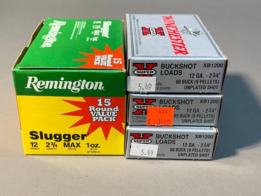 12 Gauge Shells Lot in Boxes: 12 Gauge Shells Lot in Boxes. Big Slugger box plus 3 Buckshot boxes worth. Looks like just two missing from the buckshot boxes, the rest appear full. In-house shipping available. Pickup is Monday, Mar