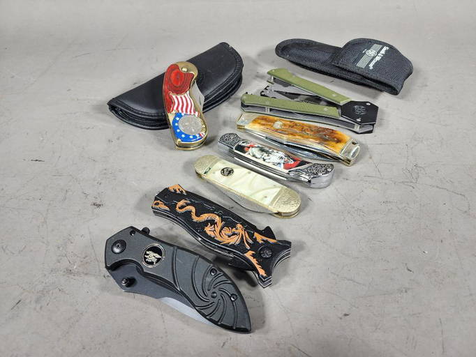 Group Of Seven Pocket Knives Tac Force/canyon Creek/smith And Wesson