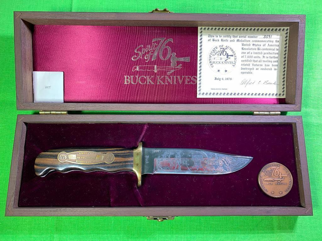 Spirit of '76 Buck Knife Serial Number 3591 with Custom Box: Spirit of '76 Buck Knife Serial Number 3591 with Custom Box. In-house shipping available. Pickup is Monday, March 13th from 11am to 6pm in Carroll, Ohio 43112 or we will provide in-house shipping for 