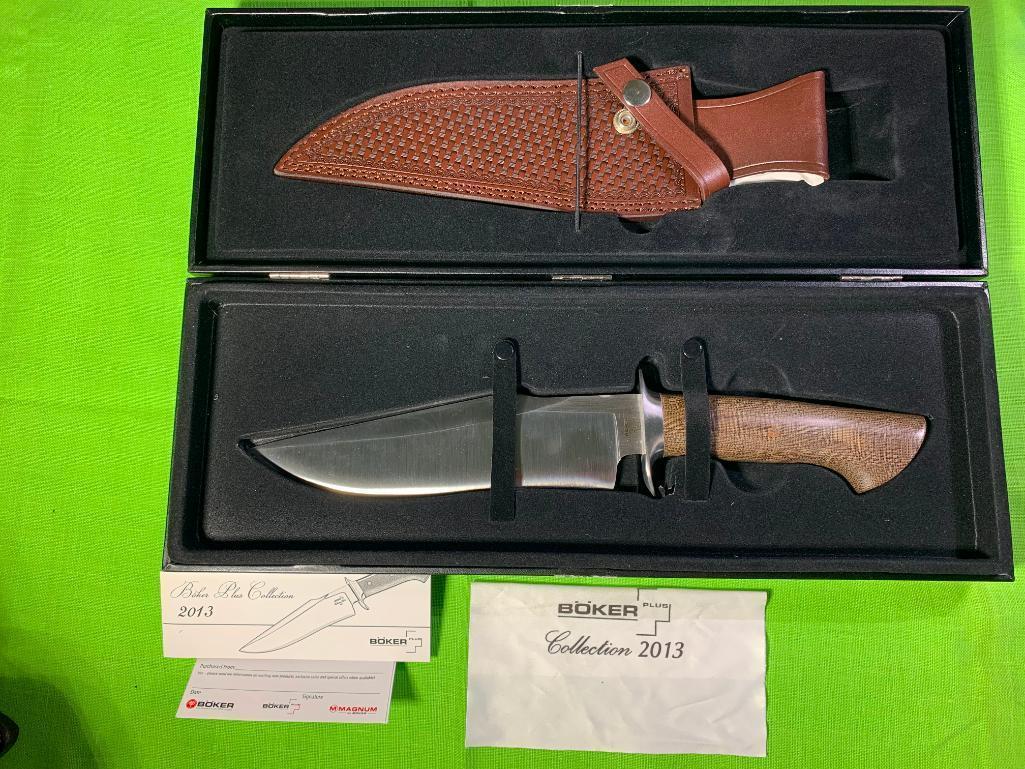 Boker Plus 2013 Collection Knife 440-C with Sheath & Custom Designed Box: Boker Plus 2013 Collection Knife 440-C with Sheath & Custom Designed Box. In-house shipping available. Pickup is Monday, March 13th from 11am to 6pm in Carroll, Ohio 43112 or we will provide in-house 