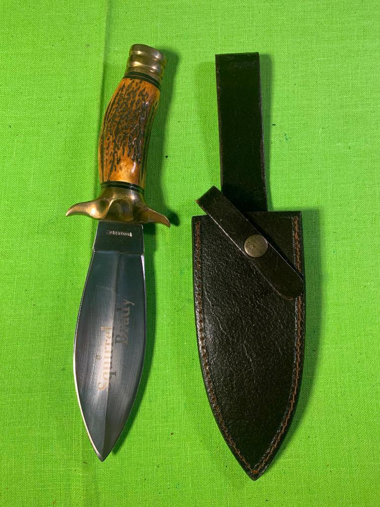 Trophy Stag "Squirrel Brady" Knife with Sheath: Trophy Stag "Squirrel Brady" Knife with Sheath. In-house shipping available. Pickup is Monday, March 13th from 11am to 6pm in Carroll, Ohio 43112 or we will provide in-house shipping for this item. Fo