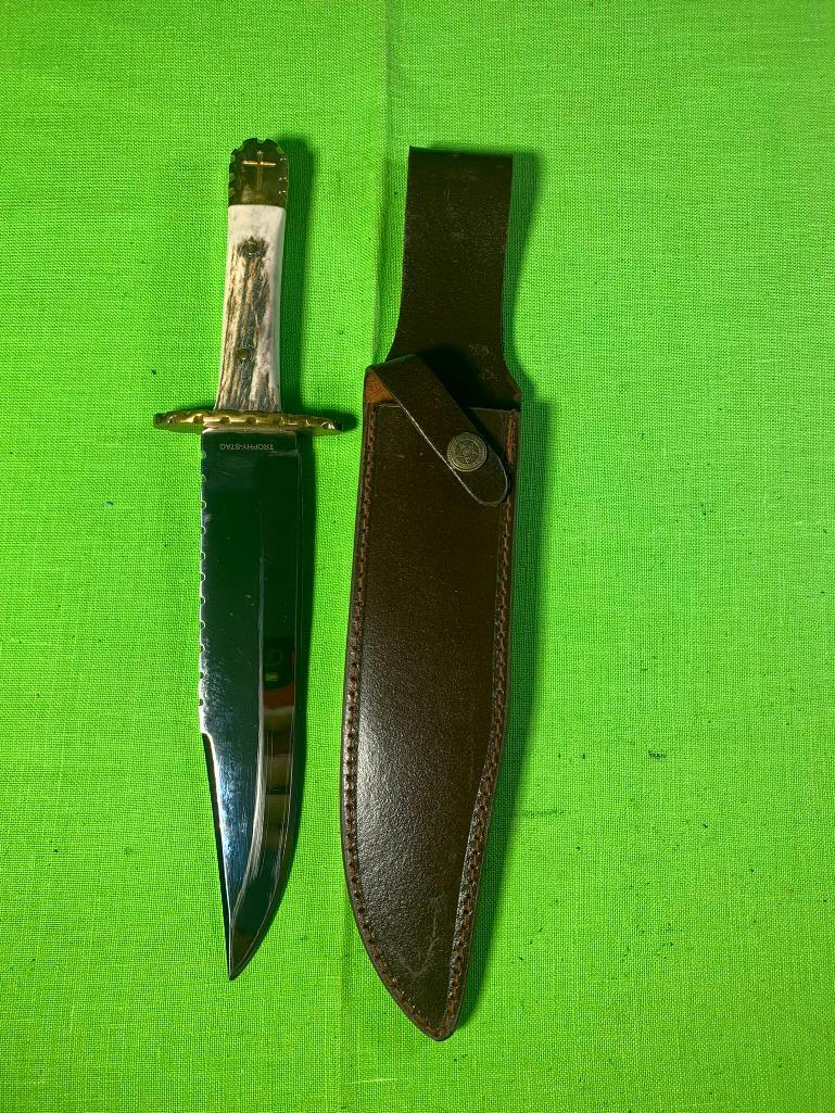 Trophy-Stag Knife with Sheath: Trophy-Stag Knife with Sheath. In-house shipping available. Pickup is Monday, March 13th from 11am to 6pm in Carroll, Ohio 43112 or we will provide in-house shipping for this item. For Ohio residents 