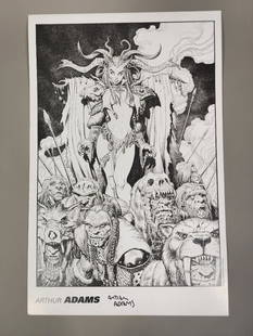 Signed Arthur Adams Ink Drawing of Demonic Priestess Surrounded by Orcs.: Signed Arthur Adams Ink Drawing of Demonic Priestess Surrounded by Orcs. In-house shipping available. Pickup is Tuesday, April 11th from 10am to 4pm in Carroll, Ohio 43112 or we will provide in-house