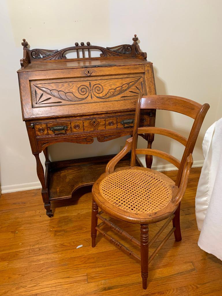 Antique Carved Front Secretary (NO KEY) with Cane Bottom Chair (1 of 20)
