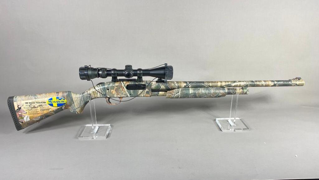 Mossberg Model 500A 12 ga Shotgun w/Camo Pattern: BRAND: Mossberg SERIAL: T009540 CALIBER/GAUGE: 12 Gauge MODEL: 500A CONDITION: Very Good BACKGROUND CHECK: Yes OTHER INFO: 44 1/2 inches Long SHIPPING: In-house shipping available. Pickup is Monday, J