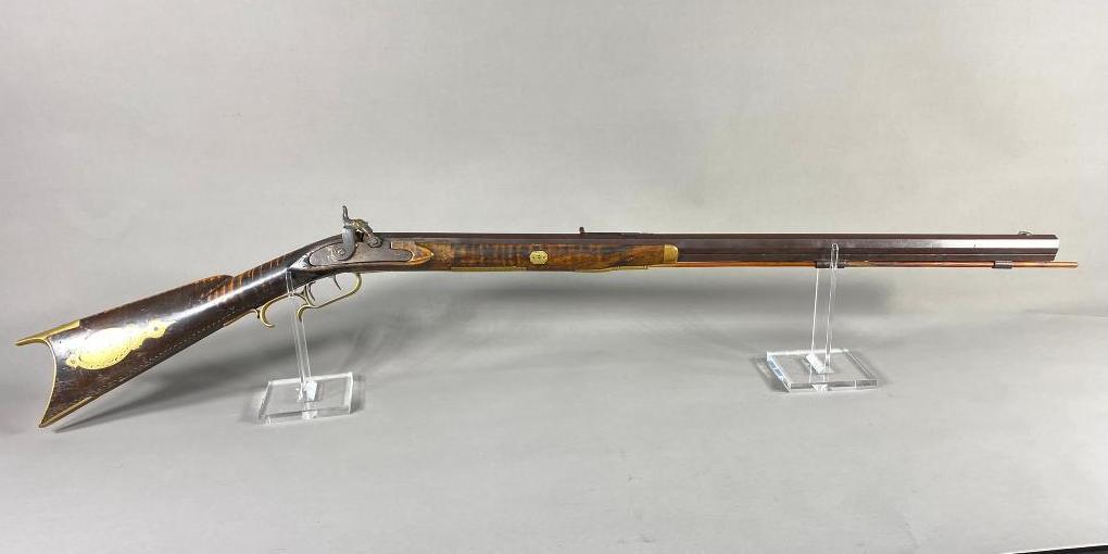19th Century Percussion Kentucky Type Rifle by Callerwood: BRAND: Callerwood SERIAL: NSN CALIBER/GAUGE: 44 MODEL: Percussion Rifle CONDITION: Very Good BACKGROUND CHECK: No OTHER INFO: 47 1/2 inches Overall SHIPPING: In-house shipping available. Pickup is Mon