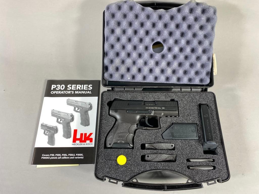 Heckler & Koch P30SK Pistol in Factory Case, 2 mags: BRAND: H&K SERIAL: 214-001683 CALIBER/GAUGE: 9mm MODEL: P30SK CONDITION: Very Good BACKGROUND CHECK: Yes OTHER INFO: 6.25" total length. Factory case. SHIPPING: In-house shipping available. Pickup is 