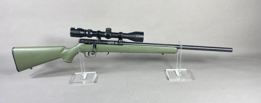 Savage Model 93R17 Rifle in 17 HMR w/Scope: BRAND: Savage SERIAL: 1588209 CALIBER/GAUGE: 17 HMR MODEL: 93R17 CONDITION: Very Good BACKGROUND CHECK: Yes OTHER INFO: 40 inches Overall Length, No Magazine, Bushnell Scope SHIPPING: In-house shippin