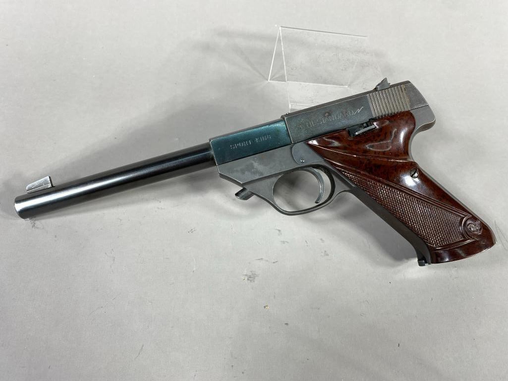 High Standard Model Sport King 22lr Pistol: BRAND: High Standard SERIAL: 513045 CALIBER/GAUGE: .22LR MODEL: Sport King CONDITION: Good, Grip Damage BACKGROUND CHECK: Yes OTHER INFO: 10 1/2 inches Overall Length SHIPPING: In-house shipping avail