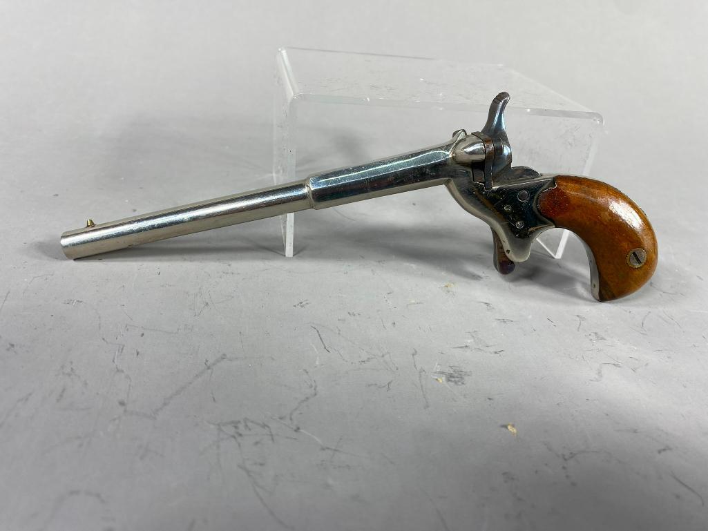 German 22 RF Single Shot Parlor Pistol: BRAND: German SERIAL: NSN CALIBER/GAUGE: .22 RF MODEL: Single-Shot CONDITION: Very Good BACKGROUND CHECK: No OTHER INFO: 7 inches Overall Length SHIPPING: In-house shipping available. Pickup is Monday
