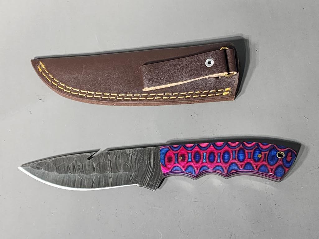 Damascus Knife In Sheath: SHIPPING: In-house shipping available. Pickup is Monday, June 5 from 2 pm to 7 pm and Tuesday, June 6 from Noon to 5 pm in Carroll, Ohio 43112 or we will provide in-house shipping for this item. Sales