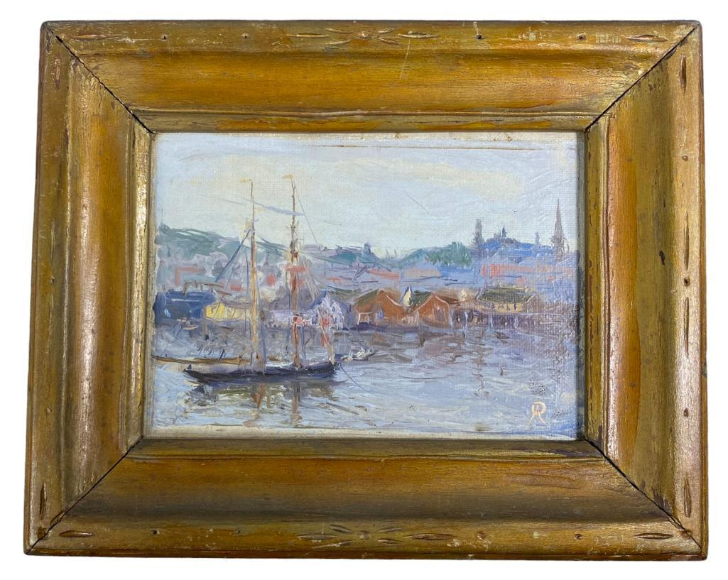Harbor Scene Impressionist Painting Early 20th c (1 of 3)