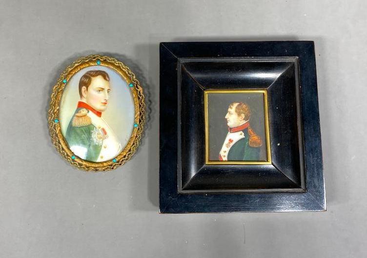 2 Antique Painted Miniature Portraits of Napoleon: One is attributed to Jean-Leon Gerome (1824-1904). Square framed miniature is 5.5" x 5" and the other is 3.5" x 3.25". In-house shipping available. Pickup is Monday, July 31st from 11am to 4pm in Carr
