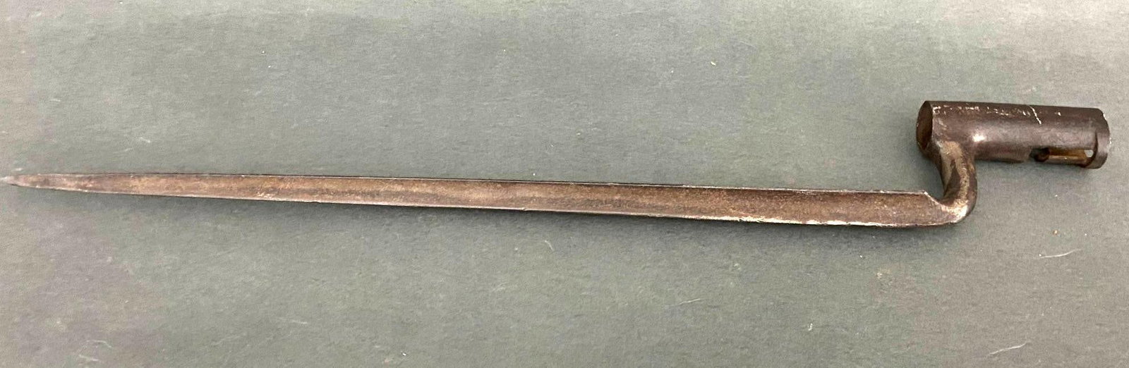 US 69 CAL M1816 TRIANGULAR BAYONET REPRO SCABBARD: United States .69 cal. M1816 bayonet with a reproduction scabbard and an original frog. Bayonet is unmarked. Overall length is 19.75" with a 16.25" blade. In-house shipping is available. Pickup is Thu