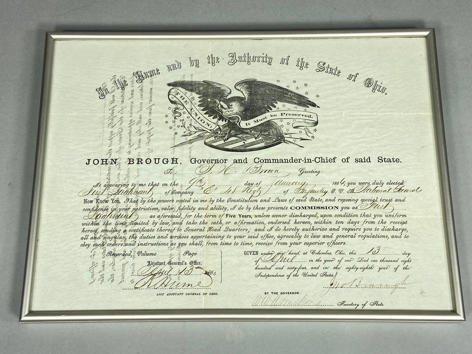 CIVIL WAR OHIO COMMISSION SIGNED GOVERNOR BROUGH: Civil War Officer Commission signed by Ohio Governor John Brough January 9,1864 shortly before he took office on January 11, 1864. This Commission appointed Joseph H. Brown as 1st Lieutenant in Co. E,