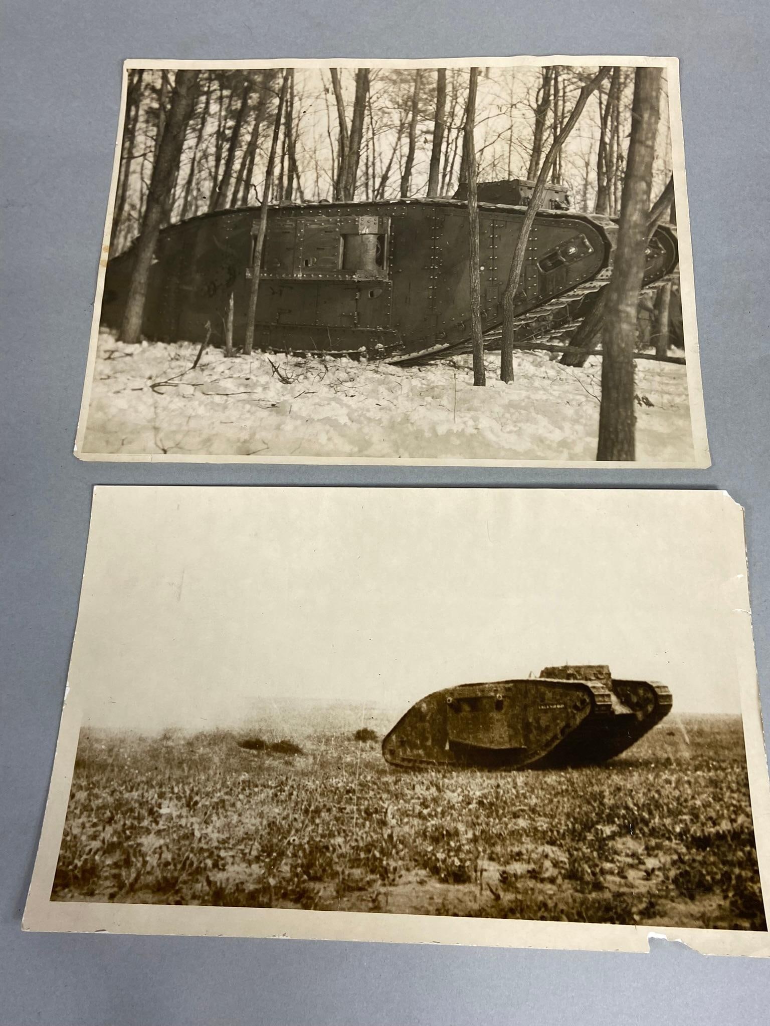 WWI BRITISH TANK PHOTOGRAPHS WW1: WW1 original large format photographs of British tanks. Included is a photograph of a British tank under fire. The caption reads "First photograph showing a British tank under fire". This actual war p