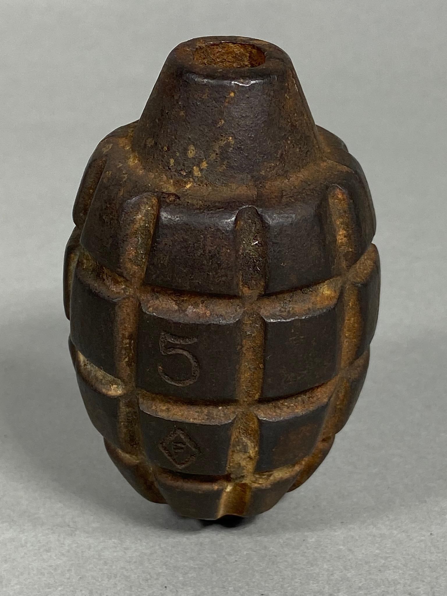 WWI UNITED STATES MK 1 HAND GRENADE BODY - INERT: World War One United States MK 1 grenade body. The manufacturer's code, number 5 over a diamond, is stamped into the body of the grenade. Inert. In-house shipping is available. Pickup is Thursday, Oct