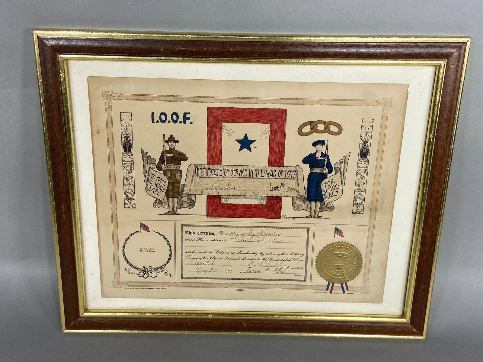 WWI CERTIFICATE OF SERVICE IOOF CLEVELAND OHIO: World War One certificate of Service presented by the International Order of Odd Fellows to Odd Fellows' member and WW1 veteran Alex Brown. the certificate measures 12" x 9.5" and is housed in a 12.75