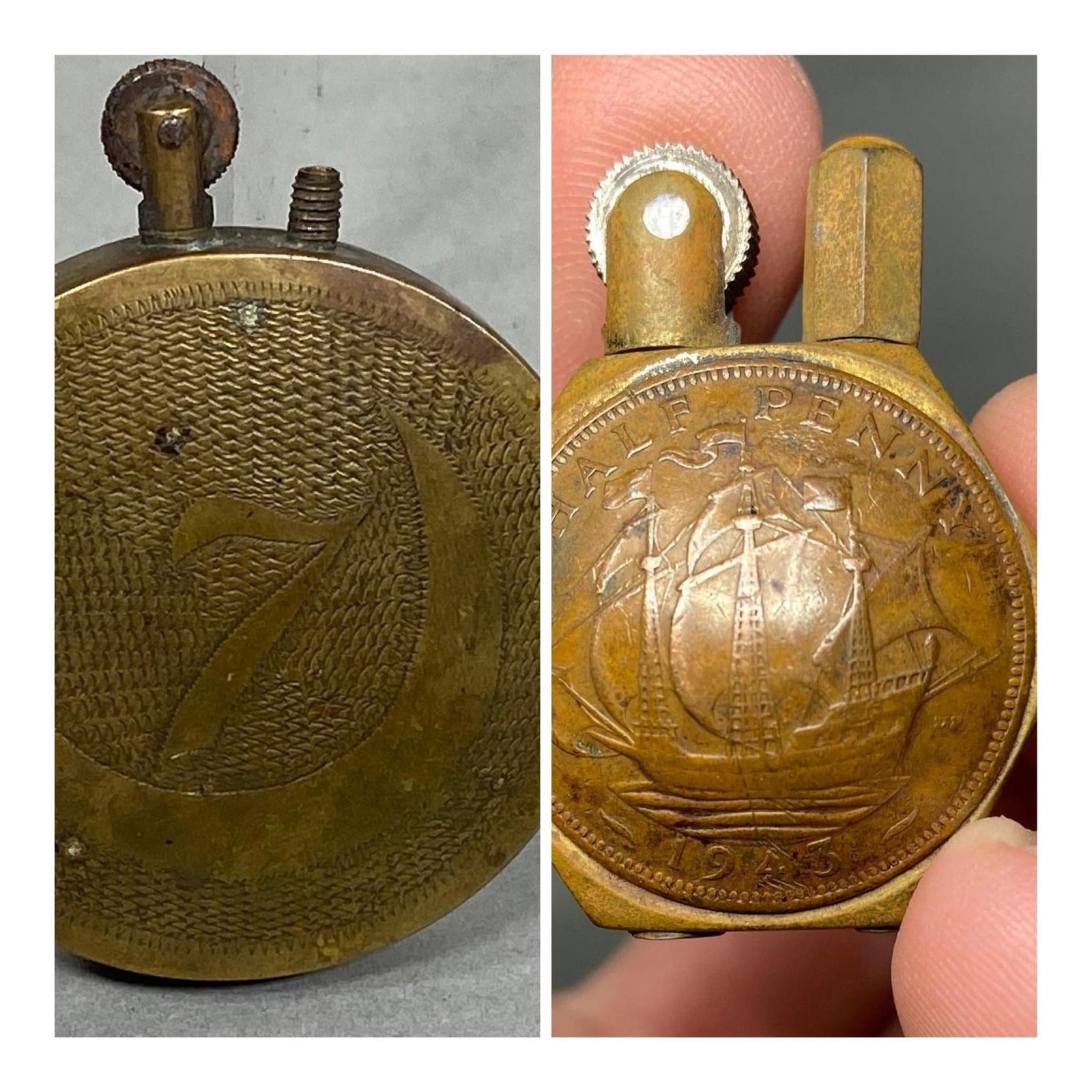 WWI & WWII TRENCH ART LIGHTERS: Two trench art lighters. The smaller example is of World War Two vintage as the sides of the lighter are a 1943 British King George VI half penny. This lighter measures 1.5" x 1.25". The larger lighte