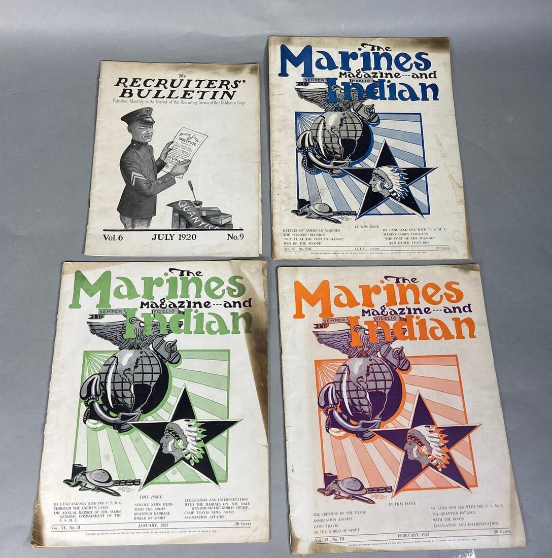 USMC MARINE CORPS 1920S MAGAZINE LOT: Post WWI World War One ( 1920 -1921) United States Marine Corps magazine lot of 4 magazines including "The Recruiter's Bulletin" and 3 issues of "The Marines and Indian Magazine". The recruiting Bulle