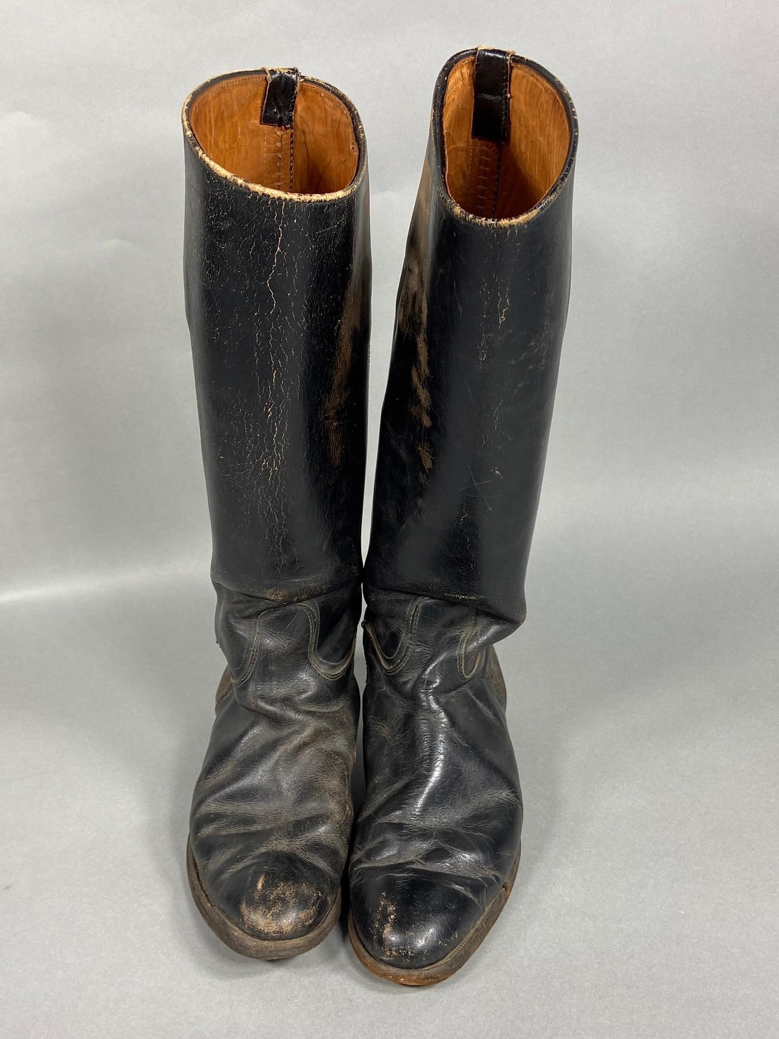 WWII NAZI GERMAN OFFICER BOOTS - MFG. STAMPINGS: World War Two German officer boots with cloth pull tabs. Leather is supple with Minimal wear. Each boot is stamped on the interior 365 5127306X 750. One heel plate is loose. In-house shipping is avail