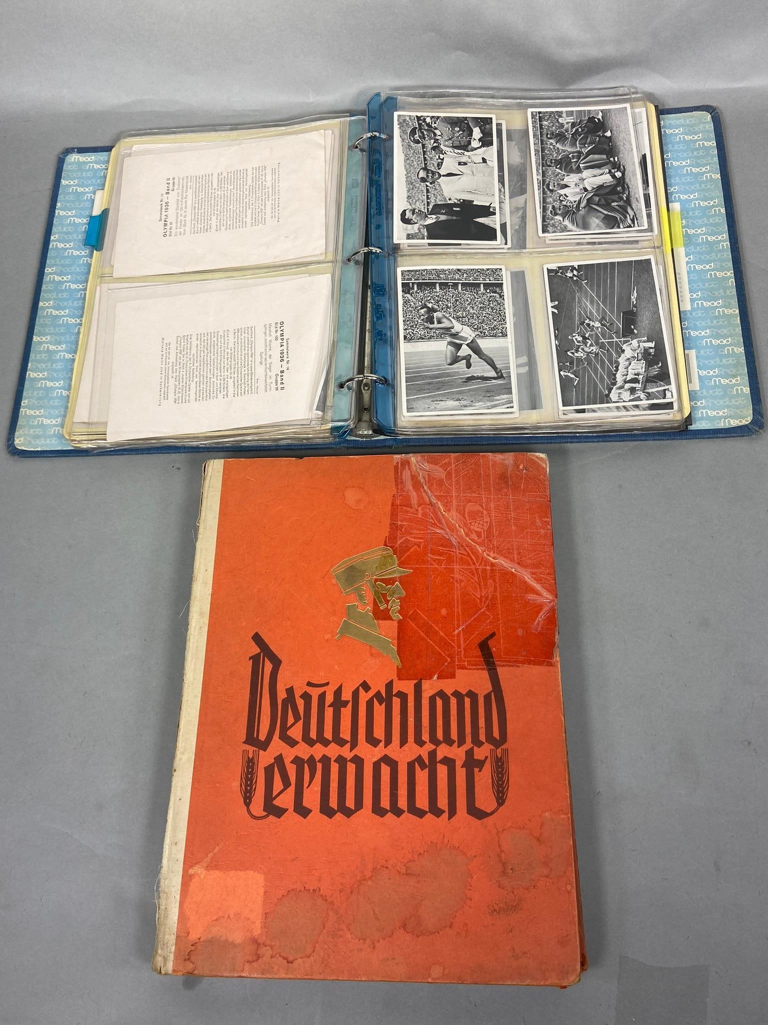 WWII NAZI GERMAN CIGARETTE ALBUM + EXTRA PHOTOS: World War Two Nazi German cigarette album titled Deutschland Erwacht. The album is complete with no photos but the cover is in rough condition. There is also a separate binder that has approx. 125 loo