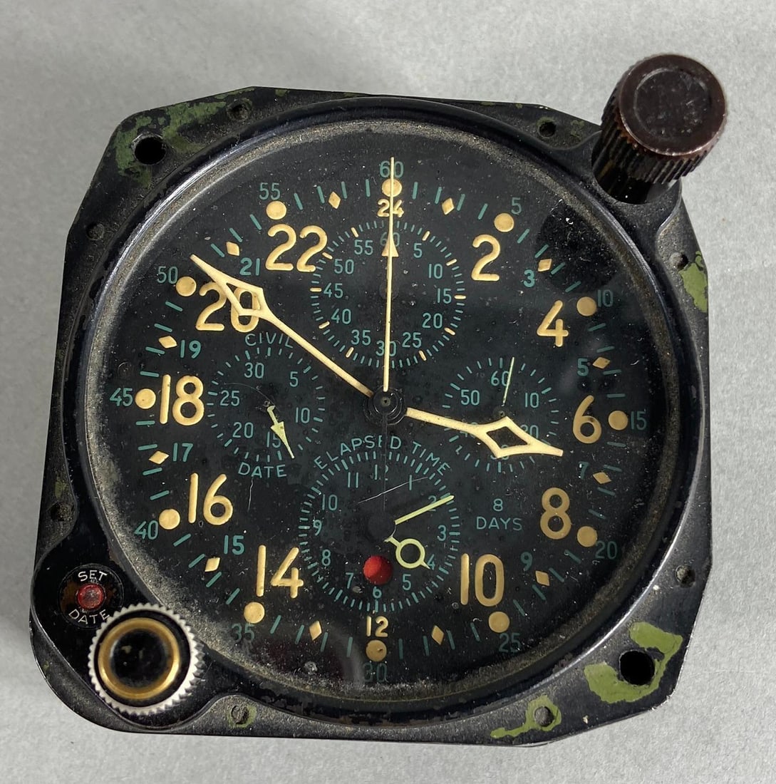 WWII HAMILTON ELGIN NAVY AIRCRAFT CLOCK H-37500: World War Two H-37500 AN-5741-1 airplane cockpit clock made under contract by both the Hamilton Watch Co. and Elgin National Watch Co. in 1944/45. This example is manufacturer marked "MFRS. Part No. H