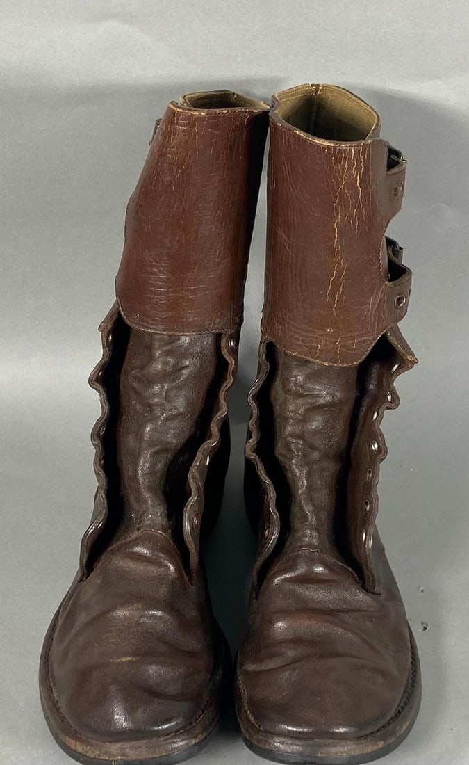WWII U.S. M43 COMBAT BOOTS SIZE 10&1/2 - IDED: World War Two pair of M43 double buckle boots. Inside of boots are stenciled "B-8336" and written below that is "Frank Bishop". along with his service number. Each boot is stamped "10 1/2 C GS" along
