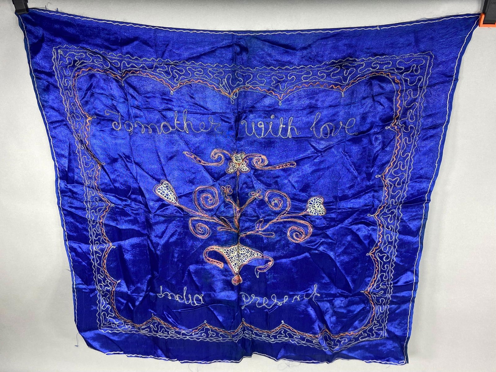 WWII CBI INDIA SOUVENIR TAPESTRY SILK EMBROIDERY: World War Two China Burma India (CBI) theatre Indian made souvenir blue silk tapestry with beautiful embroidery and the wording, "To Mother with Love" This Tapestry measures 31.5" x 29 1/2"and is in e