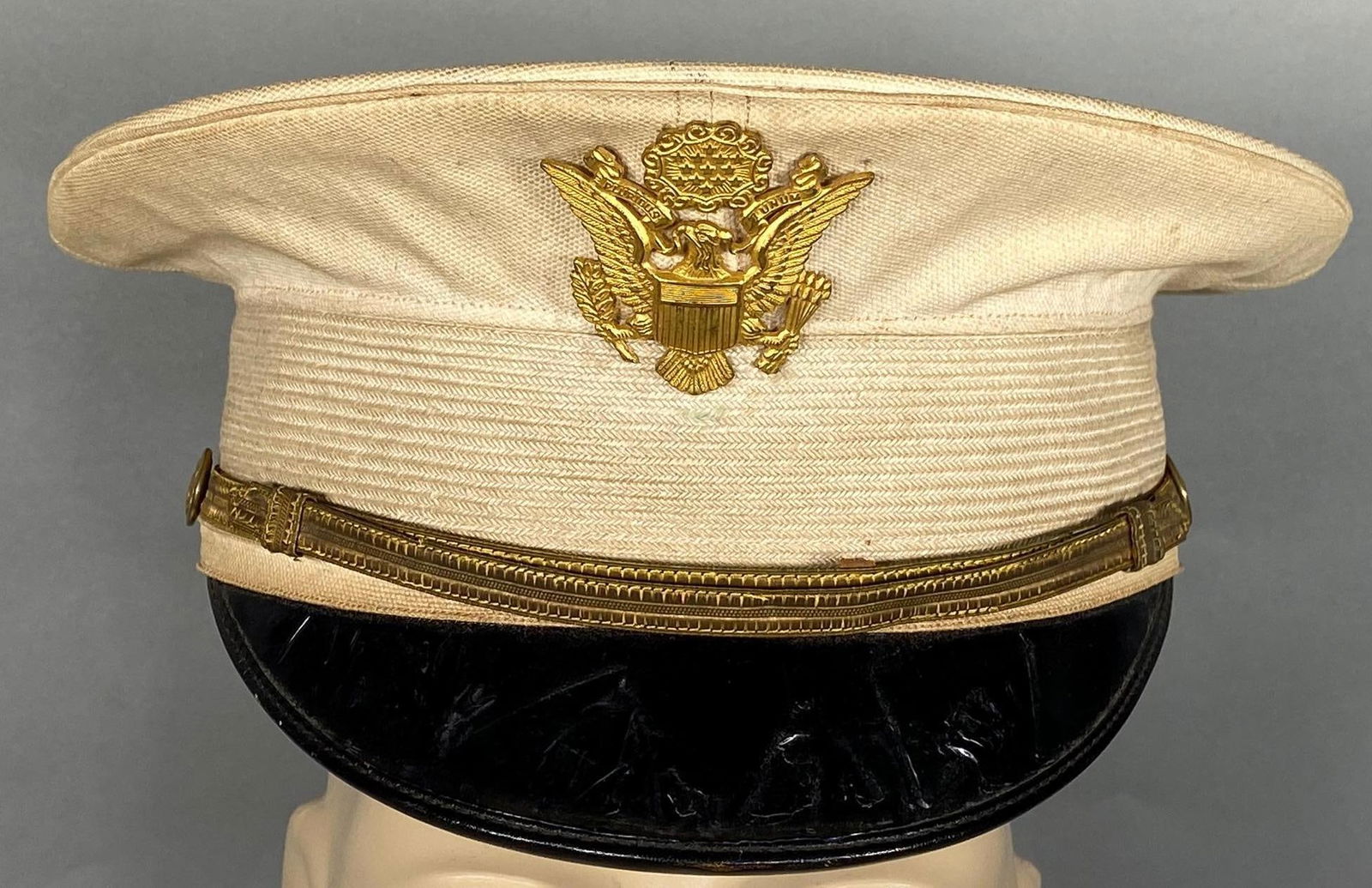 PRE WWII U.S. ARMY OFFICER'S HAT: Pre World War Two United States Army Officer visor hat - hat. Size 7 1/8. Sweatband is complete and intact with a section of stitching missing. No tears or holes. Sweatband is complete but a section o
