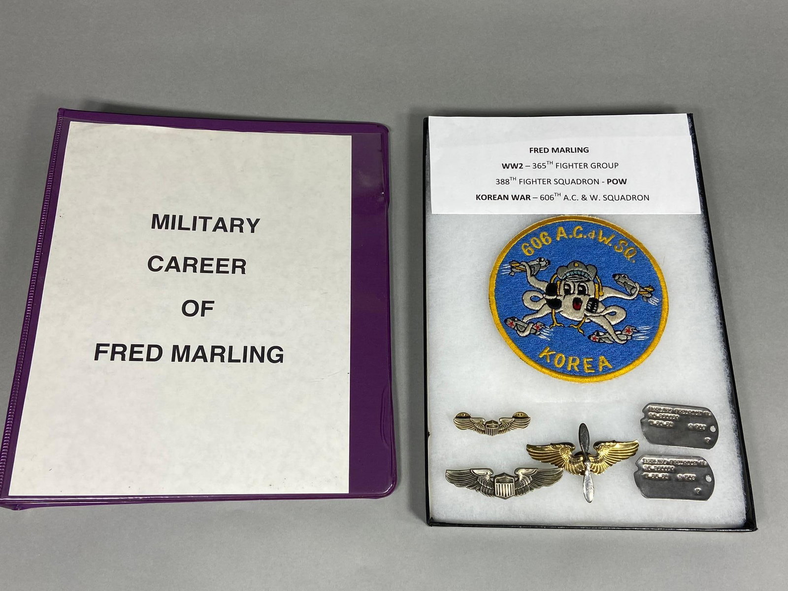KOREAN WAR GROUP 606 A.C.W. SQUADRON + HISTORY: Korean War grouping & typed autobiography of career Air Force Pilot Fred Marling who served from 1942 - 1964. Included in this group is Marling's 5" 606th A.C. & W. Squadron Patch, dog tags, Myers 3" 