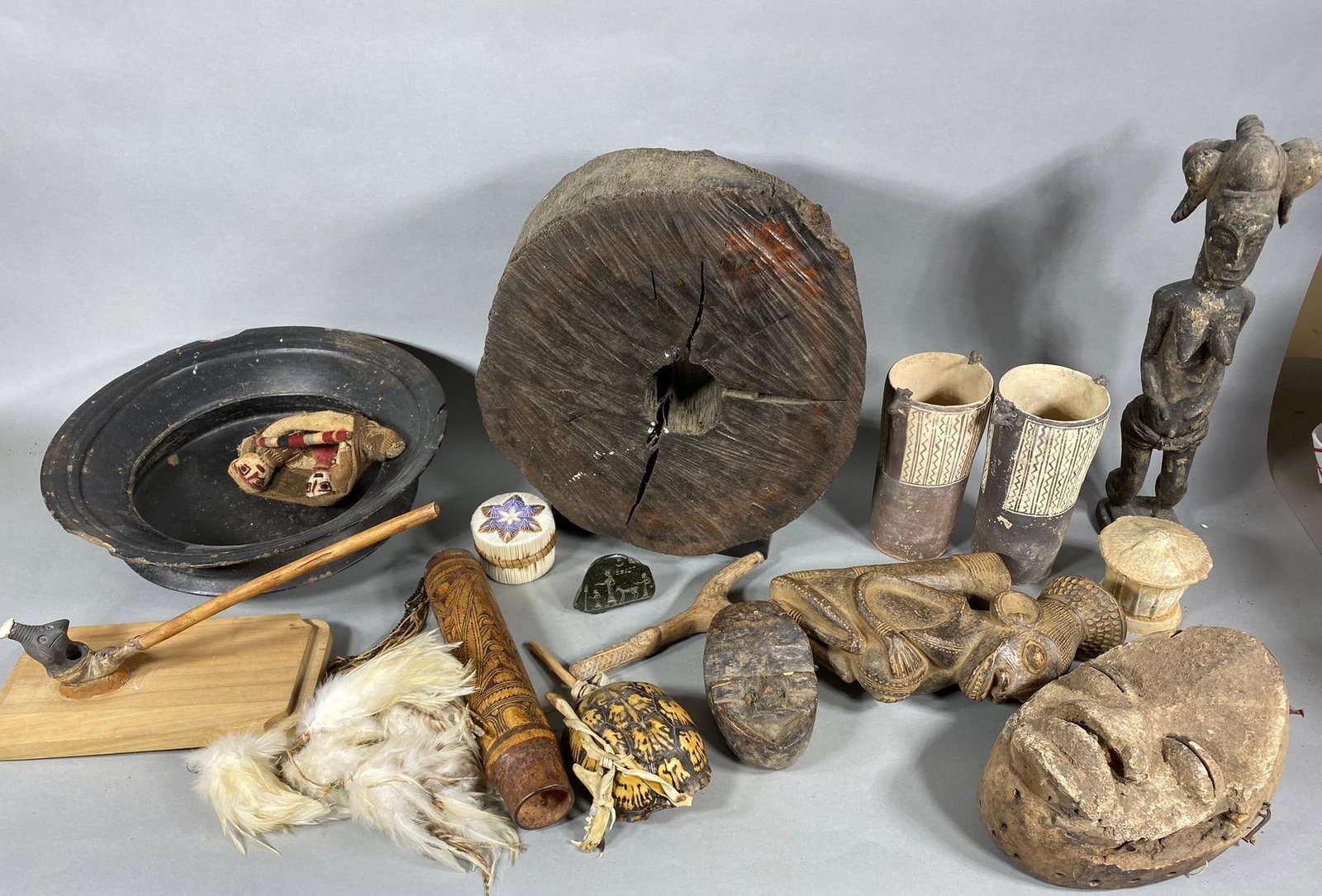 Large Lot of Art & Artifacts Africa, China, New Guinea, Peru +: Large Lot of Art & Artifacts Africa, China, New Guinea, Peru +. Pair of Kero or Quero ritual vessels with Mice or Rats on the rims, Peru, 1200 AD to 1450 AD; Votive Dan Mask, Dan People, Liberia or C�