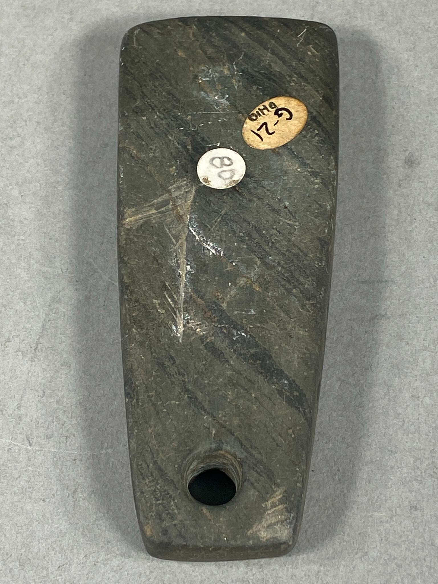 Native American Slate Drilled Gorget Wood County Ohio: Native American Slate Drilled Gorget Wood County Ohio. 3.75" long. Our in-house shipping is available. Pickup is Thursday, November 2nd from 10am to 4pm in Cincinnati, Ohio 45230. (THIS IS THE ONLY PI